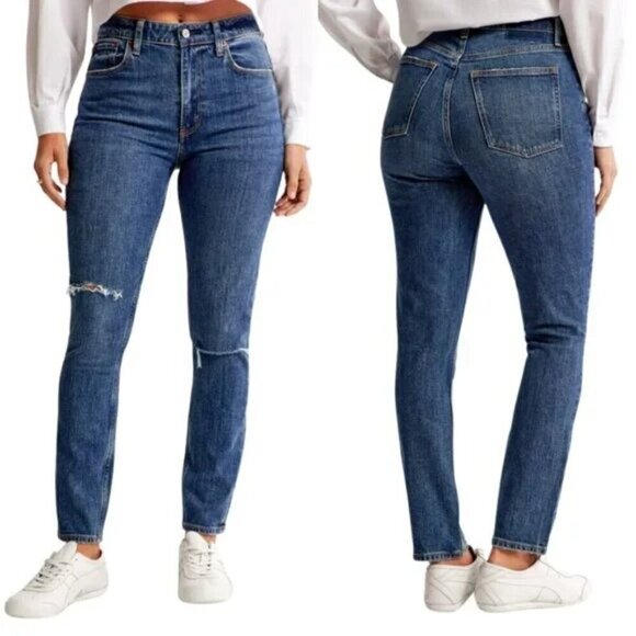 New Abercrombie & Fitch The skinny High Rise Blue Women Ripped Jeans Size 28 6L